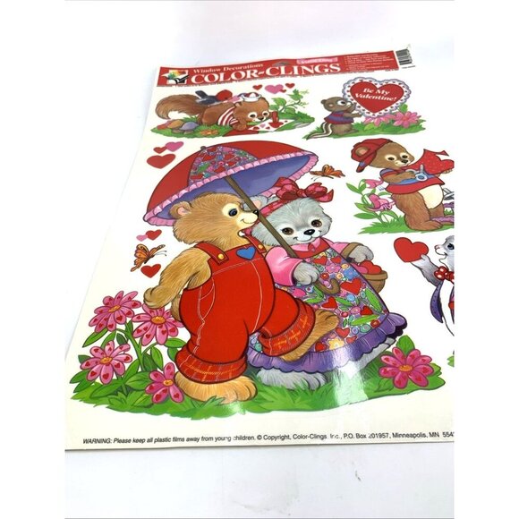 Color Clings Valentines Bears Rabbits Window Decor Vintage Unused - Picture 4 of 8